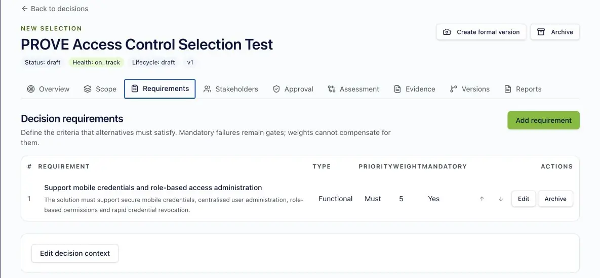 PROVE TDI Decision Ledger workspace showing a test-labelled decision, version status, governed areas and a mandatory requirement